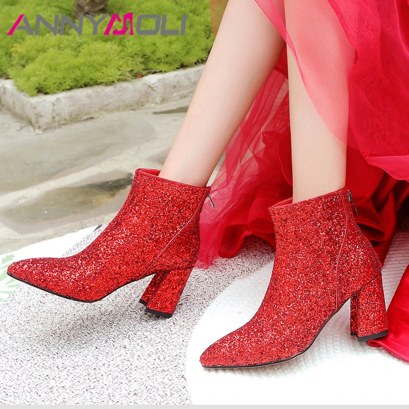 red glitter block heels