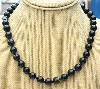 

Natural 10mm Black Agate Onyx Gemstone Round Necklace 18''