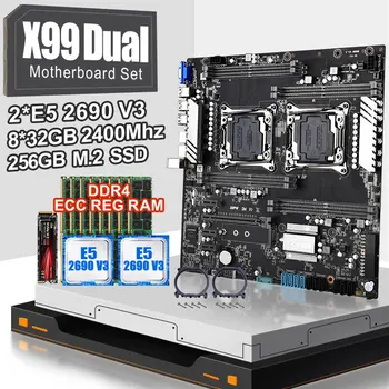 

X99 dual CPU motherboard set with 2pcs E5 2690V3 CPU and 8*32gb256gb ddr4 ecc reg 2400mhz ECC REG RAM MEMORY And 256GB SSD M.2