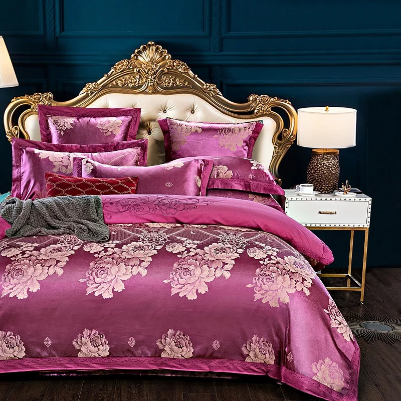 KELUO Luxury Wedding jacquard mulberry silk bedding 100%cotton Embroideredincluding duvet cover bed sheet pillowcase GRAY - Color: Such as pictures