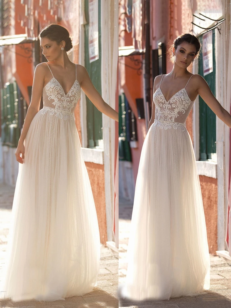 3180#Real Sample Photo Lace Boho Bohemian Spaghetti straps Sleeveless Sexy Open Back Floor Length Wedding Dress Bridal Gown | Свадьбы и