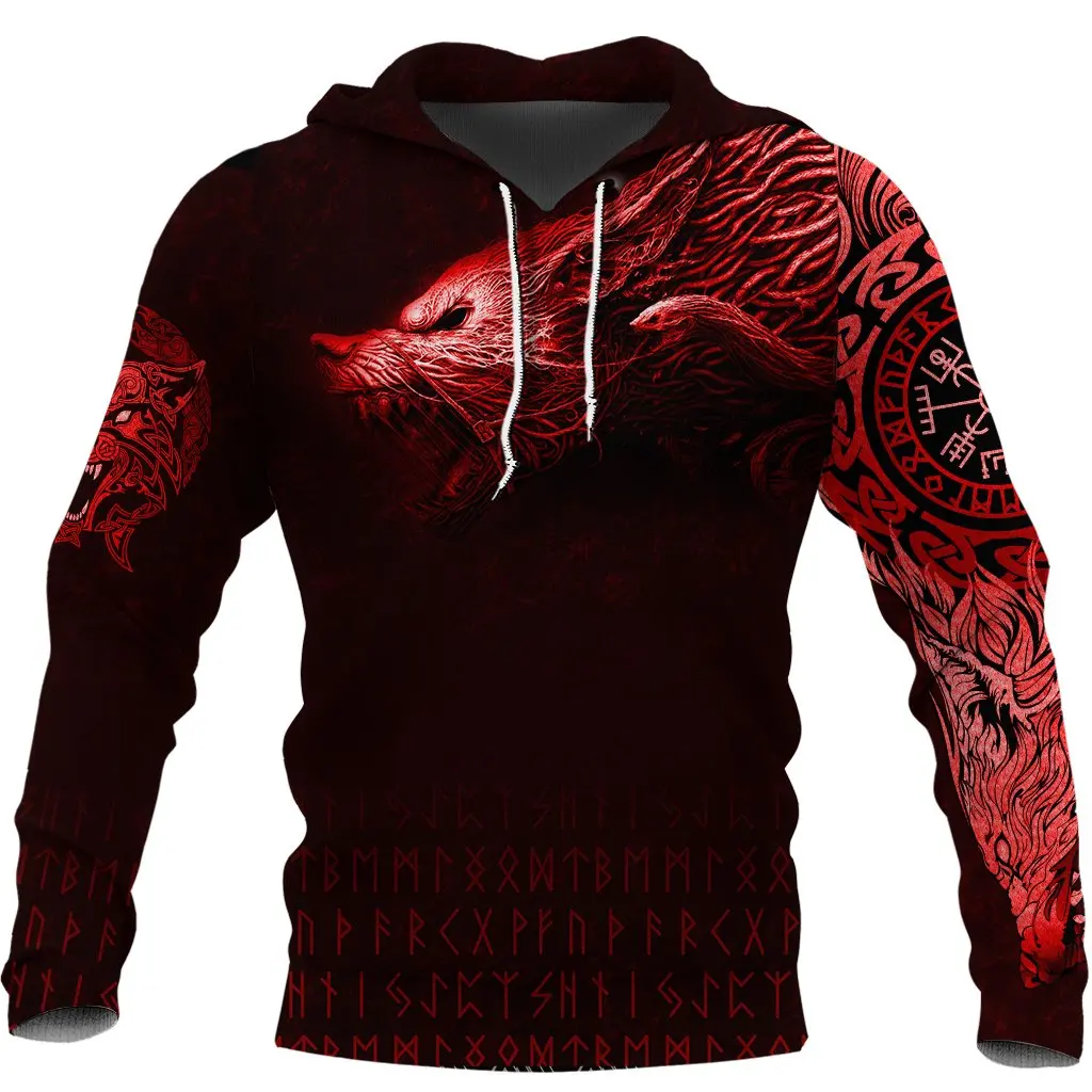 

New Viking Totem Hoodie Fenrir Wolf Red Tattoo 3D Printed Mens Zipper Hoodie Unisex Fashion Casual Sweatshirt DYI279