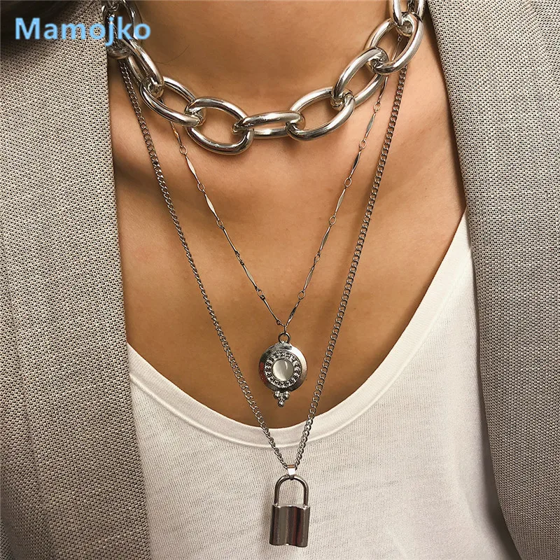 

Mamojko 2019 Punk Miami Lover's Lock Pendant Choker Necklace Vintage Golden Thick Chain Necklace Collier Valentine's Day Gifts