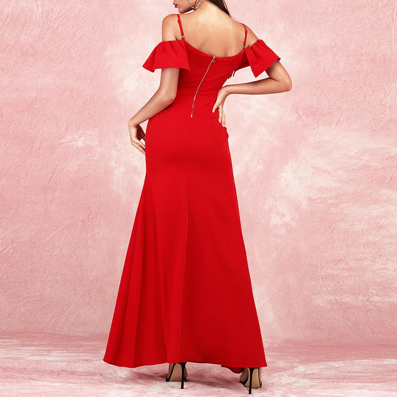 Max Spri, новинка, Vestidos, сексуальные, на бретелях, с оборками, с открытыми плечами, на молнии сзади, женские, вечерние, длина до пола, элегантное платье русалки, красное