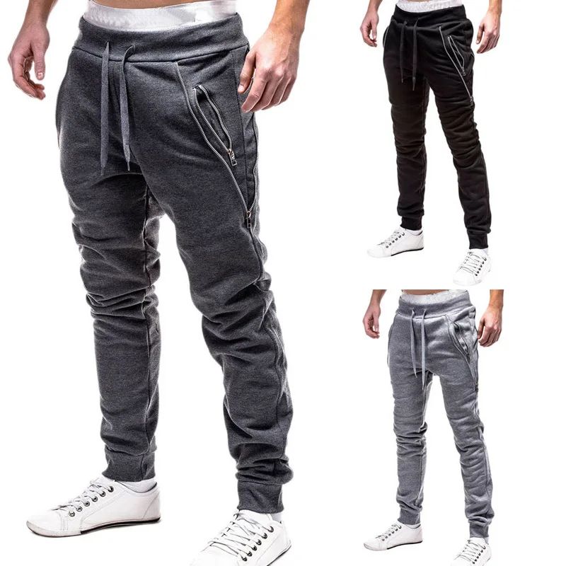 

New Style AliExpress Zipper Decorations Solid Color Casual Trousers Men's Europe And America Slim Fit Elasticity Skinny Athletic