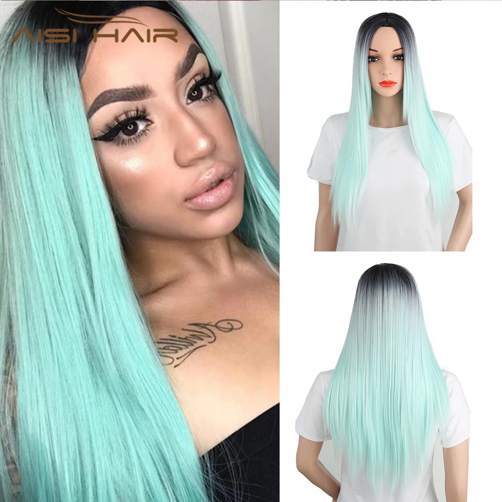 

AISI HAIR New Design 20 Inch Synthetic Wigs Ombre Blue Long Silky Straight Wigs For Black Women Middle Part Cospaly Wigs