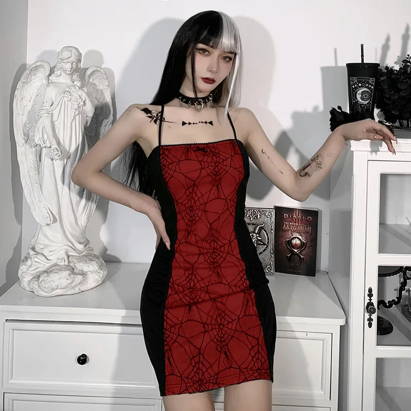 Dark Gothic Lady Sexy Mini Dress 2021 Summer Red White Women Cobweb Print Dresses Backless Sleeveless Goth Basic Cool Vestidos