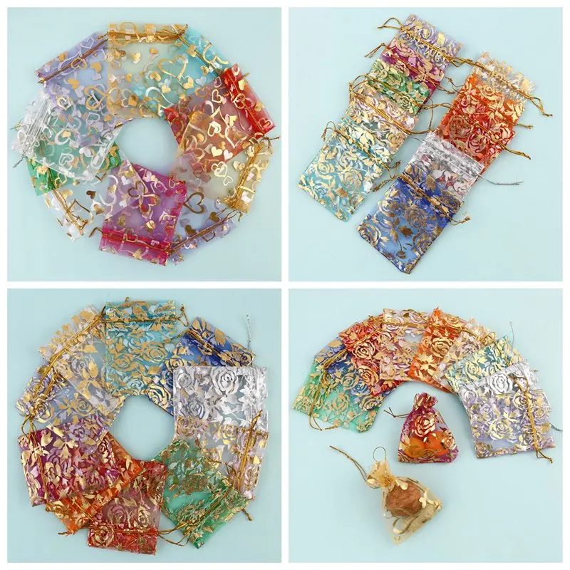 

100 Pcs Gold Peach Heart Organza Bags Colorful Pearl Yarn Drawstring Pouches Wholesale