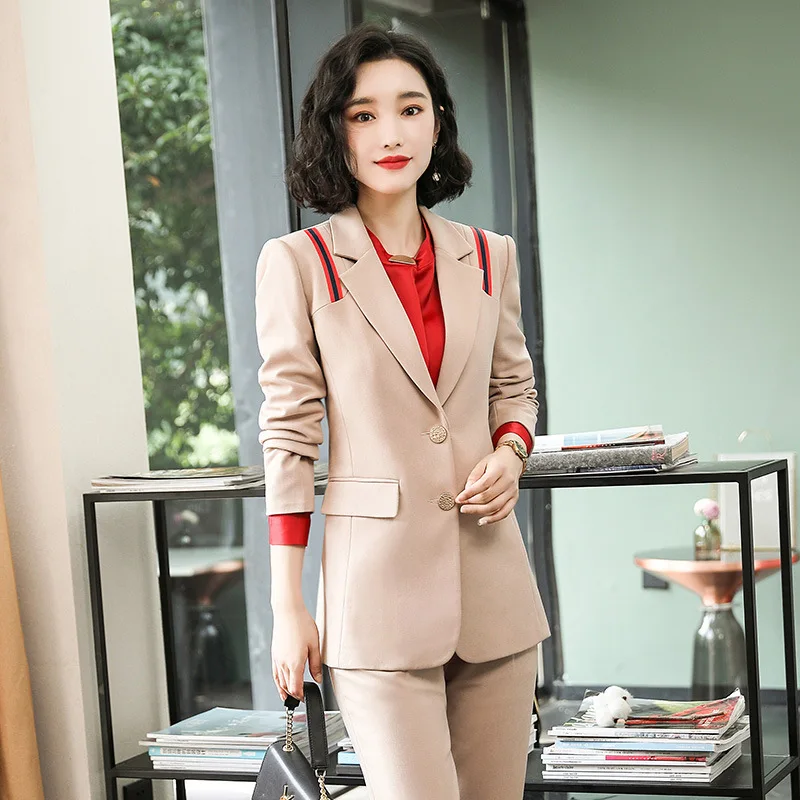 beige coat and pant IZICFLY стиль осень зима длинная куртка элегантный брючный костюм для женщин форменный дизайн пиджак в деловом стиле комплект с брюками офисная одежда - Цвет: beige coat and pant