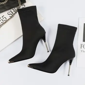 

EOEODOIT Women Boots High Stiletto Heels Metal Toe Pointed Sexy Sock Boot Shoes Pumps Flock Lycra Stretchy Mid Calf Slip On