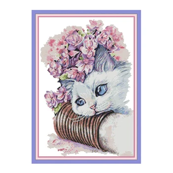 

Joy Sunday Cross Stitch Stamped Kits Cat and Flower Patterns 14CT 11CT Printed Cross Stitch Kits Handmade Embroidery Needlework