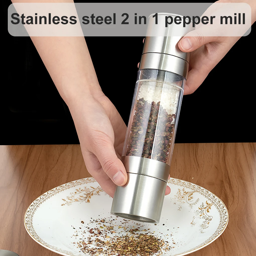 

2 in 1 Manual Grinder Stainless Steel Pepper Grinder Clear Salt Seasoning Hand Mill Adjustable Kitchen Utensil