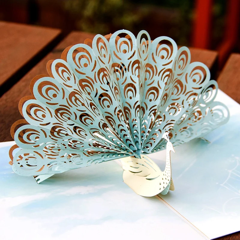  Bronzing Cover 3D Greeting Card Handmade Paper-cut PeacockTail Bloom Greeting Card Wedding Birthday - 4.00017E+12