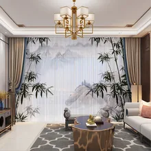  Modern Style Bamboo Printing Curtains Window Tulle Net Curtain Living Room Home Decoration Chiffon Curtains 