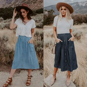

New Hot Selling 2020 Summer Fashion Stitching Pocket All-match Women's Skirt Light Blue Dark Blue Skirt