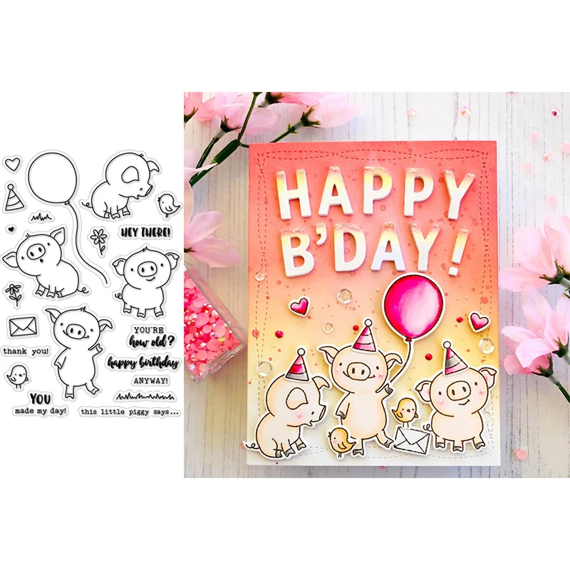 

Transparent Clear Stamps Cute Blessed Fat Pig Little Bird Flower Balloon Artistic Sentence Word For DIY Scrapbooking Cards Craft