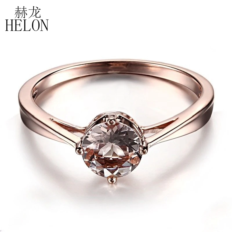 US $209.04 HELON Solid 14K Rose Gold Certified Round 6mm Natural Morganite Engagement Wedding Ring Women Gemstone Trendy Fine Jewelry Ring