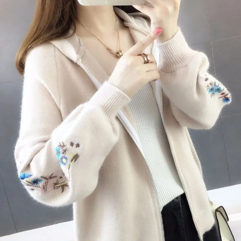 Neploe, осень/зима, женские вязаные куртки с капюшоном, Корейская молния, длинный рукав, Вязанное пальто, Цветочная вышивка, свитер, кардиган, 55443