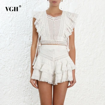 

VGH Hollow Out Women's Suit Square Collar Flare Sleeves Bowknot Mesh Patchwork Shirt Ruffer Short Pants Two Piece Set Female New