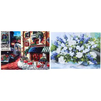 

2 Set Diy Oil Painting Paint By Number Kits Home Decor Frameless - Lavender Flower & Small Town