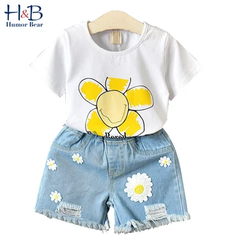 

Humor Bear Children Girls' Clothing Set NEW Girl Clothes Letter Flower Tops+Denim Shorts Toddler Girls Suit Baby Kids Clothes