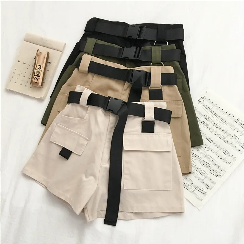 

Korean Shorts Casual Simple Solid Color Summer 2020 Ladies And Girls Cotton High Waist Wide Legs Ladies Pocket Belt Shorts