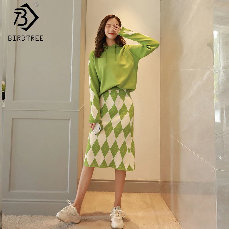 

2019 Autumn New Arrival Women's Suits Sweet Sweater Two Pieces Set Pullovers Hooded Knee-Length Skirt Knitting Sweater S98902K