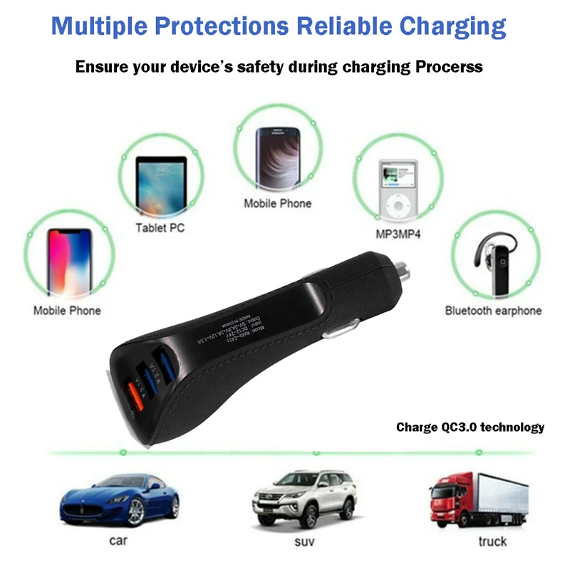 3-Port USB Car Charger Adapter QC 3.0 Quick Charge Chargers Fast Charging For iPhone Samsung RF Auto Electronics New | Автомобили и