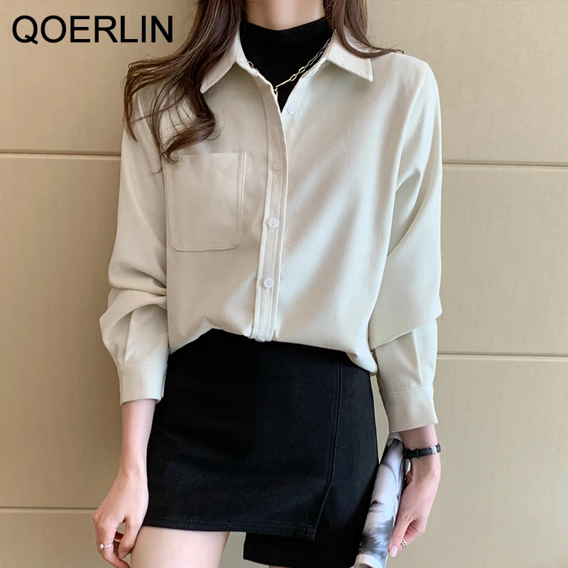 QOERLIN Pocket Button Up Shirt Loose Casual Corduroy Shirt Jacket Long Sleeve Women's Blouse Spring Autumn Tops Shirts