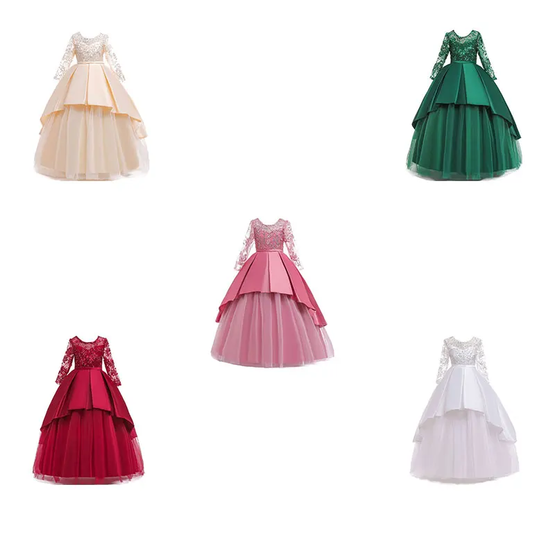 Вечерние кружевные платья с длинными рукавами и цветочным принтом для маленьких девочек, детские торжественные платья для выступлений