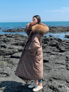 

2020 Winter Long Cotton Women's Parka Coat Thick Warm Casual Fashion Plaid Jacket High Quality Big Fur Collar Puffer Coat