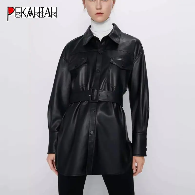 Модная куртка из искусственной кожи Женская байкерская уличная с мягким ремнем