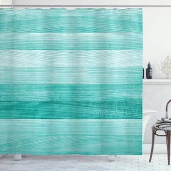 

Teal Shower Curtain, Painted Wood Board with Horizontal Lines Birthdays Easter Holiday Print Backdrop Image, Cloth Fabric