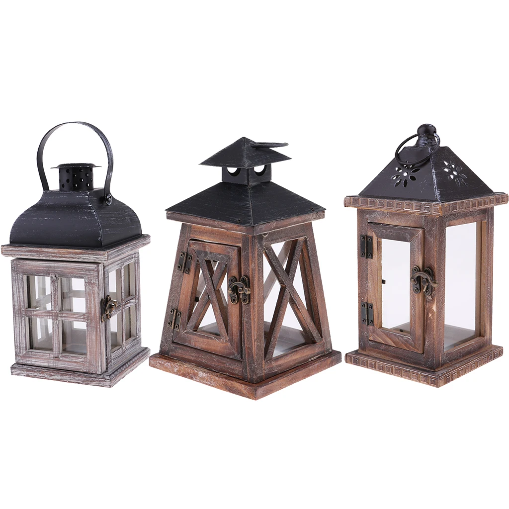 Rustic Wooden Decorative Candle Lantern Vintage  Hanging Candle Holder for Indoor Outdoor