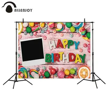 

Allenjoy Happy Birthday Banners Colorful Candies Lollipop Baby Shower Sweet Birthday Party Curtain Wooden Floors Wall Decoration