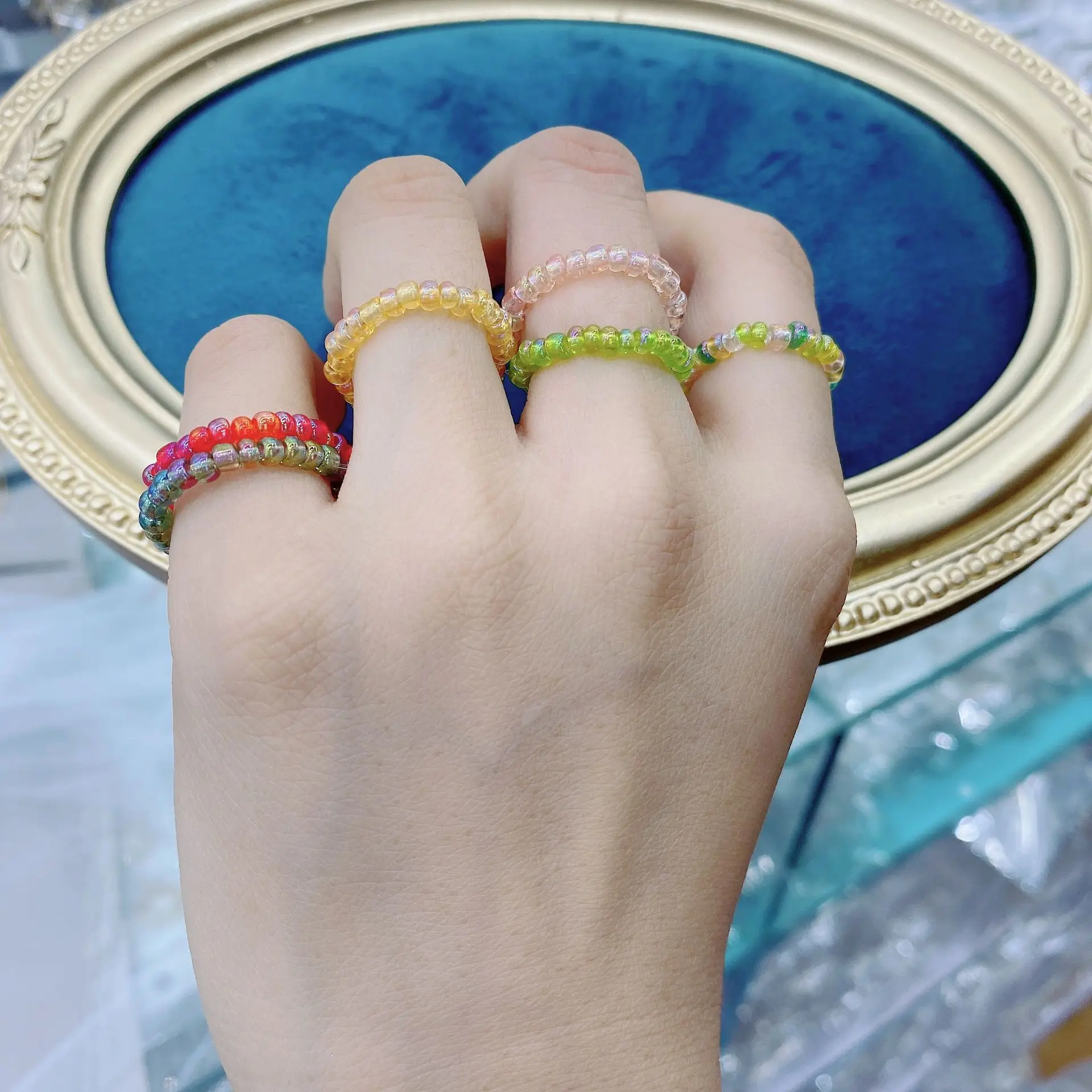 Women Trendy Handmade Multi-Color Small Glass Rice Beaded Ring Female Korean Fashion Jewelry Stretch Weave Style Rings | Украшения и