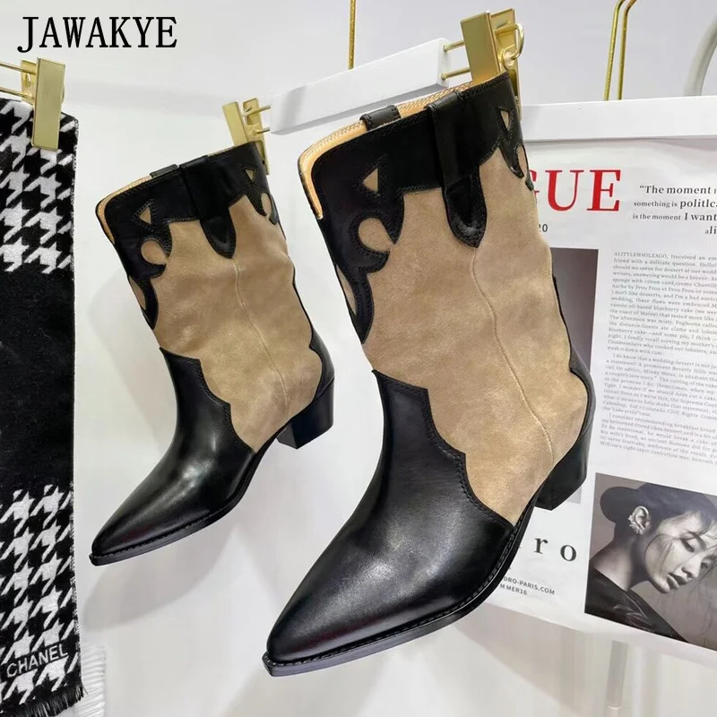 

Classic Patchwork Women Chelsea Boots Pointy Chunky Heel Street Ankle Boots Fashion Real Leather Western Cowboy Short Boots