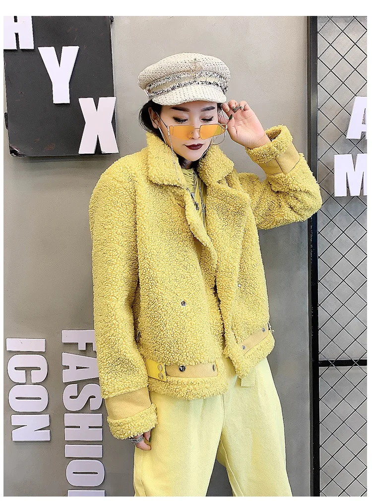Осенне-зимние шерстяные пальто для женщин, модное короткое пальто с мехом, женская теплая верхняя одежда, Овечья стрижка, женская меховая куртка желтого цвета