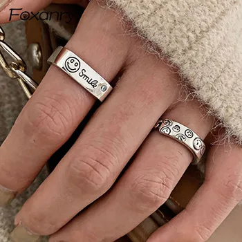 

Foxanry Punk-Style 925 Sterling Silver Smiling Face Width Rings for Women Couples Vintage Simple Thai Silver Party Jewelry Gifts