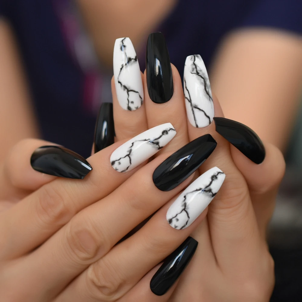 Black Marble Faux Ongles Extra Long White Mix Coffin Nails High Light Glossy Uv Nail Art Tips Pre Designed 28pcs False Nails Aliexpress