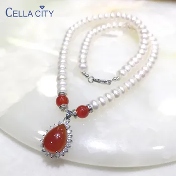 

Cellacity Water Drop Shaped Red Agate Pendant Freshwater Pearl Necklace for Women Silver 925 Jewelry Natural Gemstones Wholesale