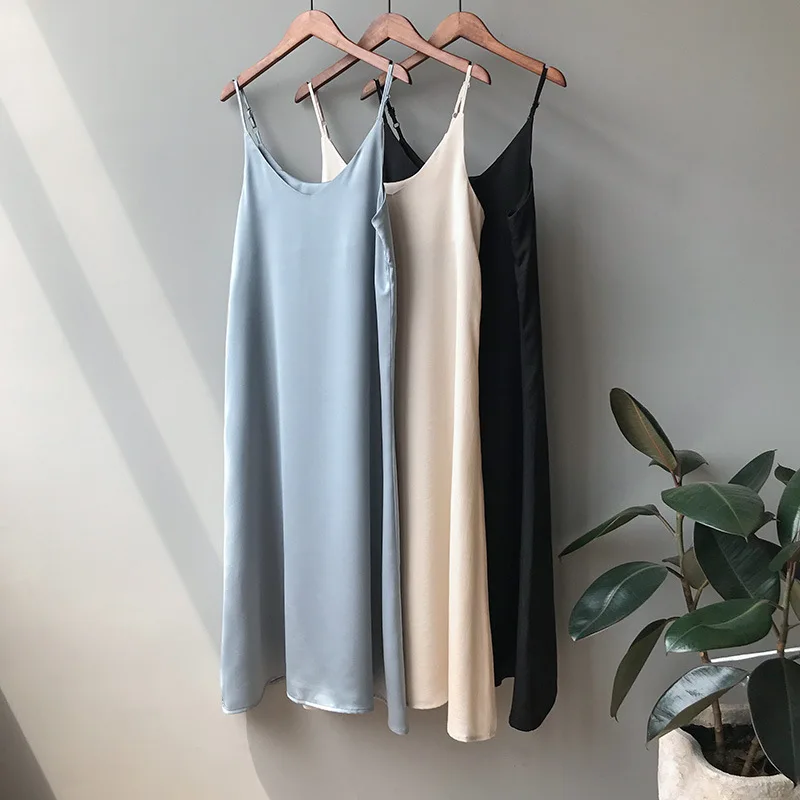 

2019 women summer satin dress luxury shiny sundress vintage imitation silk dress korean fashion