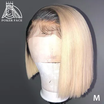 Poker Face 613 Blonde Lace Front Wigs Short Bob Brazilian Human Hair Wig 150% Density Remy Straight Hair T/1B 613 Short Bob Wigs 2