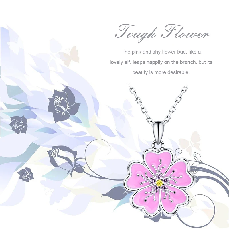 

XiaoJing 925 Sterling Silver pink enamel plane pendant pendant Clear Zircon flower necklace for Women mother 2020 Jewelry Gifts