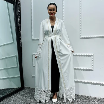 

Siskakia African Cardigan Abaya White Lace Patchwork Pearl Beads Middle East Muslim Open Abaya Dubai Turkish Saudi Islam Kimonos