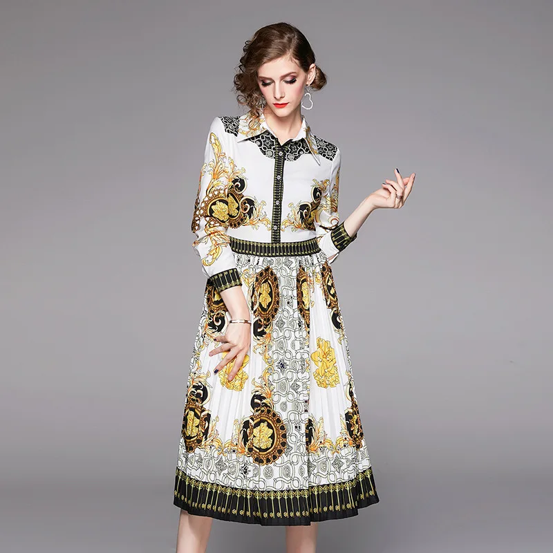 

2019 Autumn New Style Fashion WOMEN'S Dress Fold-down Collar Waist Hugging Elegant Slimming Europe And America Printed Medium-le