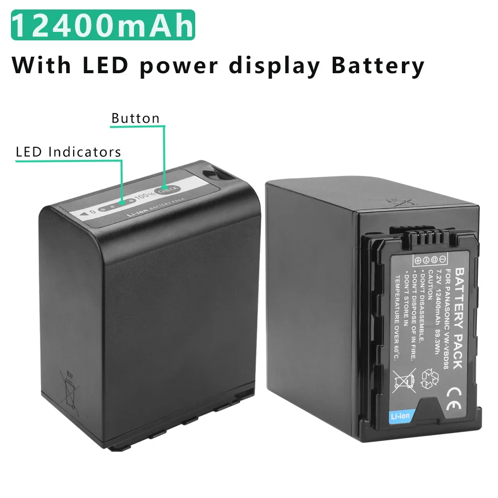 

12400mAh VW-VBD98 AG-VBR118 аккумуляторные светодиодные индикаторы питания для Panasonic AJ-PX280 PX285MC AG-HPX265MC PX270 PX298 FC100