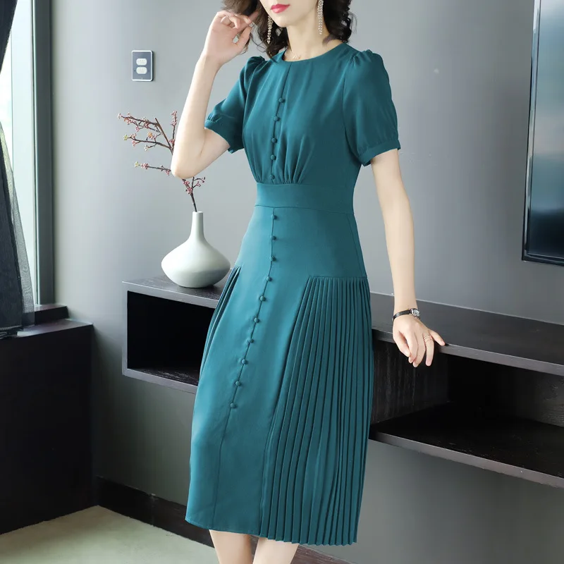 

Europe And America Solid Color Chiffon Dress Women's French Retro Platycodon Grandiflorum Wisdom Smoked-Medium-length Dress Popu