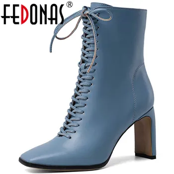 

FEDONAS Ins Hot Elegant Shoes Woman Heels 2021 Fashion Zipper Square Toe High Heels Boots Boots Winter Wedding Party Ankle Boots