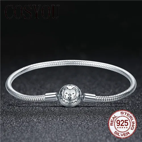 Skup COSYOU 100% 925 Sterling srebrny lew zwierząt okrągły zapięcie wąż Strand łańcuch bransoletki dla kobiet srebro biżuteria SCB054